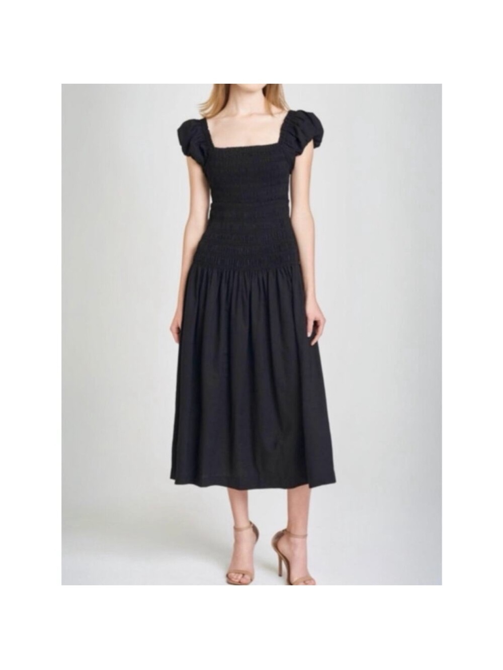 Caroline Constas Black Cotton Poplin Smocked Shirred Puff Sleeve Maxi Dress Sz S - Picture 4 of 12